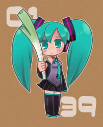 Rule 34 | 1girl, 39, aqua eyes, aqua hair, aqua necktie, bare shoulders, blush, detached sleeves, dot mouth, food, hatsune miku, headset, holding, holding food, holding spring onion, holding vegetable, long hair, miku day, necktie, nmru (185u), no nose, pleated skirt, skirt, solo, spring onion, tan background, thighhighs, twintails, vegetable, vocaloid, zettai ryouiki