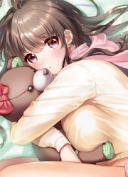 Rule 34 | 1girl, :o, bed sheet, blush, bow, breast press, breasts, brown hair, earrings, from side, jewelry, large breasts, long hair, long sleeves, looking at viewer, lying, hugging object, on side, original, parted lips, pink scarf, purple eyes, red bow, scarf, solo, stuffed animal, stuffed toy, sweater, tareme, teddy bear, thighs, yanyo (ogino atsuki), yellow sweater