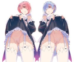 Rule 34 | 10s, 2girls, 40hara, angry, blue eyes, blue hair, blush, breasts, cleft of venus, clothes lift, detached sleeves, disgust, dress, dress lift, female focus, garter straps, hair ornament, hair ribbon, hairband, hairclip, highres, looking at viewer, looking down, maid, medium breasts, multiple girls, no panties, nude filter, pink hair, pussy, ram (re:zero), re:zero kara hajimeru isekai seikatsu, red eyes, rem (re:zero), ribbon, scowl, shaded face, short hair, siblings, simple background, sisters, standing, thighhighs, third-party edit, twins, uncensored, white background, x hair ornament