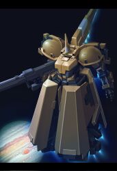 Rule 34 | arm at side, character request, check character, commentary, english commentary, g.yamamoto, glowing, glowing eye, green eyes, gun, gundam, highres, holding, holding gun, holding weapon, jupiter (planet), letterboxed, looking at viewer, mecha, no humans, one-eyed, robot, science fiction, solo, space, the o (mobile suit), thrusters, trigger discipline, weapon, zeta gundam
