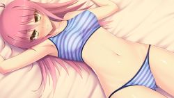 Rule 34 | 1girl, aisare roommate, armpits, arms up, bed, blush, breasts, cameltoe, covered erect nipples, embarrassed, fumii, game cg, legs, long hair, looking at viewer, lying, navel, ogata chiaki, panties, pink hair, solo, striped clothes, striped panties, thighs, underwear, yellow eyes, yu-ta