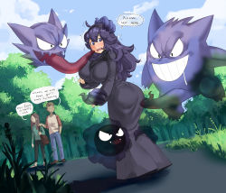 Rule 34 | 1boy, 2girls, 3others, @ @, absurdres, ahoge, alternate breast size, ass, black hairband, blush, borvar, breasts, creatures (company), curvy, day, dress, embarrassed, english text, erection, fang, forest, game freak, gastly, gen 1 pokemon, gengar, ghost, ghost tail, hairband, haunter, headpat, hex maniac (pokemon), highres, huge breasts, impossible clothes, impossible dress, large penis, long dress, long tongue, looking back, messy hair, molestation, multiple girls, multiple others, nature, nintendo, npc trainer, outdoors, penis, pokemon, pokemon (creature), pokemon xy, purple eyes, purple hair, solo focus, tongue, trembling
