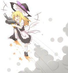 Rule 34 | +++, 1girl, apron, black dress, black footwear, blonde hair, bow, burning, dress, frilled dress, frills, gameplay mechanics, hat, hat bow, highres, jumping, kirisame marisa, long hair, mary janes, parody, purple bow, rocket launcher, shoes, short sleeves, skirt, smoke, socks, soldier (tf2), solo, speed lines, star (symbol), team fortress 2, touhou, waist apron, weapon, white socks, witch hat, wool (miwol), yellow eyes