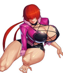 Rule 34 | 1girl, absurdres, breasts, cleavage cutout, clothing cutout, commission, cropped jacket, curvy, fur-trimmed jacket, fur trim, hair over eyes, highres, jacket, large breasts, legs, long hair, muscular, muscular female, shermie (kof), simple background, snk, solo, split ponytail, the king of fighters, the king of fighters xv, thick thighs, thighs, ttt (titatuem)