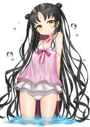 Rule 34 | 1girl, babydoll, bare arms, bare shoulders, black hair, brown eyes, commentary request, double bun, facial mark, fate/grand order, fate (series), forehead mark, hair bun, head tilt, highres, long hair, looking at viewer, minoshi, multicolored hair, one-piece swimsuit, parted bangs, parted lips, pink babydoll, pink one-piece swimsuit, purple hair, sessyoin kiara, sessyoin kiara (lily), sessyoin kiara (swimsuit mooncancer), solo, standing, swimsuit, two-tone hair, very long hair, wading, water, water drop, white background, white one-piece swimsuit