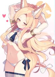 Rule 34 | 1girl, absurdly long hair, animal ear fluff, animal ears, armpits, arms behind head, arms up, artist name, bare shoulders, bikini, blue archive, blue necktie, blush, bow, bow bikini, breasts, closed mouth, cowboy shot, detached collar, detached sleeves, fox ears, gradient background, halo, heart, highres, homaderi, long hair, long sleeves, looking at viewer, navel, necktie, orange eyes, orange hair, pink background, see-through, see-through sleeves, seia (blue archive), sidelocks, signature, simple background, small breasts, solo, standing, stomach, straight hair, string bikini, striped clothes, striped thighhighs, swimsuit, thighhighs, thighs, vertical-striped clothes, vertical-striped thighhighs, very long hair, white background, white bikini