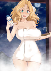 Rule 34 | 1girl, blonde hair, blue eyes, blush, bottle, breasts, cleavage, cloud, collarbone, cup, drinking glass, embarrassed, full moon, girls und panzer, highres, holding, holding tray, kay (girls und panzer), large breasts, long hair, milk bottle, moon, nakamura yukitoshi, naked towel, night, onsen, open mouth, parted bangs, solo, star (sky), steam, thigh gap, towel, tray, white towel