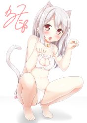 Rule 34 | 1girl, animal ears, artist name, bad id, bad pixiv id, barefoot, bell, neck bell, blush, breasts, cat cutout, cat ear panties, cat ears, cat lingerie, cat tail, choker, cleavage, cleavage cutout, clothing cutout, fang, feet, full body, highres, jingle bell, karutamo, long hair, looking at viewer, meme attire, navel, open mouth, original, panties, paw pose, pink eyes, side-tie panties, signature, silver hair, simple background, small breasts, solo, squatting, tail, tiptoes, tisshu (karutamo), toes, underwear, underwear only, white background, white panties