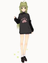 Rule 34 | 1girl, ahoge, animal ears, arm at side, bad id, bad twitter id, bare legs, black dress, black footwear, blush, closed mouth, dress, full body, green eyes, green hair, jewelry, long hair, long sleeves, looking at viewer, manio, necklace, original, paw print, paw print background, shoes, sleeves past wrists, smile, solo, standing, straight hair, sweater, sweater dress, tareme, thick eyebrows, very long hair, white background