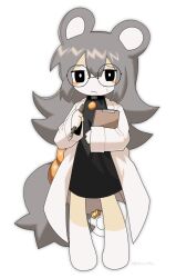 Rule 34 | 1girl, animal ears, black eyes, blush, clipboard, coat, collar, female focus, full body, glasses, grey hair, highres, holding, holding clipboard, holding pen, humanization, kokum0tsu, lab coat, long hair, looking at viewer, low ponytail, monster girl, nervous, nev, no shoes, no socks, original, pen, ponytail, shy, solo, sweatdrop, tail, wavy mouth, white background