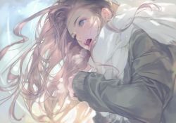 Rule 34 | 1girl, blue eyes, blue sky, blush, bm94199, brown hair, coat, from below, green jacket, hair behind ear, highres, jacket, long hair, open mouth, original, scarf, sky, sleeves past wrists, white scarf, winter, winter clothes, winter coat