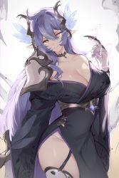 Rule 34 | 1girl, absurdres, ahoge, arm at side, armor, bare shoulders, black dress, breasts, claw ring, cleavage, closed mouth, dress, gloves, hair between eyes, hand up, head tilt, highres, large breasts, leaning back, light trail, long hair, long sleeves, looking at viewer, lost-phews, off shoulder, original, panties, panty peek, pauldrons, pointy ears, purple eyes, purple hair, shoulder armor, side slit, single bare shoulder, single pauldron, skindentation, smile, smoke, solo, sparkle, thighhighs, tight clothes, tight dress, underwear, very long hair, white background, white gloves, white panties, white thighhighs, wide sleeves