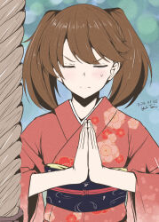 Rule 34 | 1girl, alternate costume, artist name, brown hair, closed eyes, commentary request, dated, facing viewer, floral print, hatsumoude, highres, japanese clothes, kantai collection, kimono, long hair, new year, own hands together, praying, red kimono, rope, ryuujou (kancolle), solo, taira yuuki, upper body