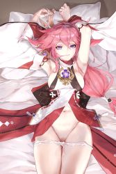 Rule 34 | 1girl, absurdres, armpits, arms up, bed sheet, breasts, detached sleeves, genshin impact, gong cha, hair ornament, half-closed eyes, highres, japanese clothes, large breasts, long sleeves, looking at viewer, lying, miko, navel, on back, panties, panty pull, pillow, pink hair, purple eyes, sideboob, smile, solo, underwear, white panties, wide sleeves, yae miko