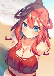 Rule 34 | 1girl, ahoge, arms behind back, bare shoulders, beach, bikini, blue eyes, blush, breasts, cleavage, closed mouth, day, go-toubun no hanayome, hair between eyes, hair ornament, highres, large breasts, linlinlindo, long hair, looking at viewer, nakano itsuki, ocean, outdoors, ponytail, red bikini, red hair, sand, shiny skin, solo, star (symbol), star hair ornament, swimsuit