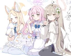 3girls angel_wings animal animal_ear_fluff animal_ears animal_on_head bare_shoulders bird bird_on_head black_pantyhose blonde_hair blue_archive blush breasts brown_eyes closed_mouth detached_sleeves dress extra_ears feathered_wings flower fox_ears hair_between_eyes hair_bun hair_flower hair_ornament halo light_brown_hair long_hair long_sleeves medium_breasts mika_(blue_archive) multiple_girls nagisa_(blue_archive) on_head open_mouth pantyhose pink_flower pink_hair pink_halo purple_flower seia_(blue_archive) simple_background single_side_bun sleeves_past_fingers sleeves_past_wrists smile striped_clothes striped_pantyhose tea_party_(blue_archive) vertical-striped_clothes vertical-striped_pantyhose white_background white_bird white_dress white_flower white_pantyhose white_wings wings yellow_eyes yellow_halo youbi_(0ver_sd)