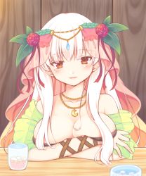 Rule 34 | 1girl, bare shoulders, blush, breasts, brown eyes, cleavage, collarbone, commentary request, crescent, crescent necklace, cup, drinking glass, flower, highres, ice, ice cube, indoors, jewelry, large breasts, long hair, looking at viewer, necklace, original, parted lips, red flower, red rose, rose, sakurato ototo shizuku, see-through, solo, table, upper body, veil, white hair
