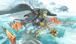 Rule 34 | akitsu taira, cityscape, fantasy, flying, original, solo, staff, sword, weapon, wings