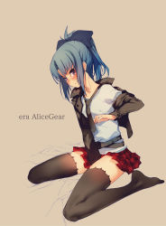 Rule 34 | 1girl, alice gear aegis, belt, between legs, black necktie, blue hair, blush, bow, branch (blackrabbits), commentary request, frown, full body, hair bow, hand between legs, high ponytail, jacket, long hair, looking at viewer, necktie, no shoes, plaid, plaid skirt, ponytail, purple eyes, sidelocks, simple background, sitting, skirt, solo, takanashi rei, tearing up, tears, thighhighs, wariza, zettai ryouiki