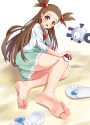Rule 34 | 1girl, barefoot, blush, bow, bowtie, brown hair, commentary request, creatures (company), dress, eyelashes, feet, flying sweatdrops, foot focus, foreshortening, game freak, gen 1 pokemon, greek toe, green dress, hair bobbles, hair ornament, highres, holding, holding poke ball, iberiko (soinesitai), jasmine (pokemon), knees together feet apart, legs, long hair, magnemite, nintendo, poke ball, poke ball (basic), pokemon, pokemon (creature), pokemon hgss, sandals, sleeves past elbows, soles, solo, toes, two side up, unworn sandals, yellow eyes