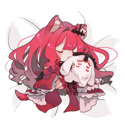 1girl animal_ears baobhan_sith_(fate) baobhan_sith_(first_ascension)_(fate) blush boots cat_ears cernunnos_(fate) chibi closed_eyes dress fate/grand_order fate_(series) fetal_position frilled_dress frills full_body hair_ornament highres hugging_object long_hair lying on_side pink_hair red_dress shigure_(ffrh7824) solo stuffed_toy thigh_boots