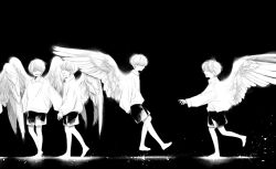 Rule 34 | 4boys, arms behind back, child, covered eyes, facing another, facing viewer, feathered wings, floating, from side, glowing, greyscale, highres, kneehighs, korean commentary, light particles, long sleeves, monochrome, multiple boys, open mouth, original, out of frame, outstretched arm, profile, puffy long sleeves, puffy sleeves, reaching, sae sae, shorts, simple background, smile, socks, walking, wings