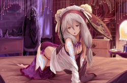Rule 34 | 10s, 1girl, :o, absurdres, all fours, asymmetrical clothes, bare shoulders, breasts, camisole, chain chronicle, clothes pull, full body, grey eyes, hair between eyes, hair ribbon, highres, hood, indoors, kyaro (kyaro54), long hair, looking at viewer, off shoulder, panties, purple panties, purple skirt, ribbon, shirt, sidelocks, silver hair, skirt, skirt pull, small breasts, solo, tattoo, underwear, yuni (chain chronicle)