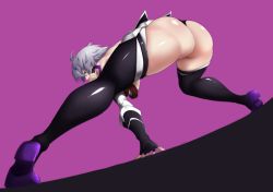 Rule 34 | 1girl, ass, bandages, bare shoulders, bent over, black thighhighs, boots, f.w.zholic, fate/apocrypha, fate/grand order, fate (series), female focus, fingerless gloves, from behind, gloves, green eyes, grey eyes, highres, huge ass, jack the ripper (fate/apocrypha), leaning, leaning forward, legs, looking at viewer, looking back, panties, purple background, scar, shiny skin, short hair, silver hair, solo, thigh boots, thighhighs, thighs, thong, underwear