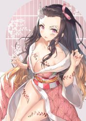 Rule 34 | 1girl, bad id, bad pixiv id, bare shoulders, black hair, blonde hair, blush, breasts, cleavage, commentary request, facial mark, fingernails, floral print, hair ribbon, horns, japanese clothes, kamado nezuko, kimetsu no yaiba, kimono, large breasts, long hair, looking at viewer, multicolored hair, pink eyes, pink ribbon, ribbon, sharp fingernails, single horn, solo, spoilers, tagme, two-tone hair, user ppcy3857, v-shaped eyebrows, wide sleeves