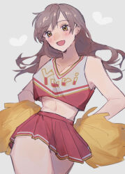 Rule 34 | 1girl, azuma (magi-inazuma), bare arms, blush, brown hair, cheerleader, cowboy shot, crop top, floating hair, grey background, hands on own hips, heart, long hair, looking at viewer, open mouth, original, pleated skirt, pom pom (cheerleading), red skirt, red tank top, simple background, skirt, smile, solo, tank top, yellow eyes
