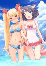 Rule 34 | 10s, 2girls, ;d, animal ears, bad id, bad pixiv id, bikini, black hair, blonde hair, blue eyes, blush, bottle, bow, breasts, cat ears, cat tail, cellphone, cleavage, collar, covered navel, curly hair, cyan (show by rock!!), dark-skinned female, dark skin, dog tail, fang, flower, glasses, gradient background, hair flower, hair ornament, hair ribbon, innertube, kokotetsu, long hair, looking at viewer, medium breasts, multiple girls, navel, one-piece swimsuit, one eye closed, open mouth, phone, retoree (show by rock!!), ribbon, short hair, show by rock!!, small breasts, smile, swim ring, swimsuit, tail, twintails, very long hair, water bottle, yellow eyes, yuri