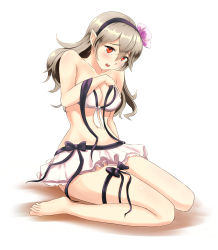 Rule 34 | 1girl, absurdres, armor, bikini, black ribbon, blush, breasts, cleavage, collarbone, corrin (female) (fire emblem), corrin (female) (summer) (fire emblem), corrin (fire emblem), covering privates, embarrassed, fire emblem, fire emblem fates, fire emblem heroes, flower, frilled skirt, frills, hair flower, hair ornament, hairband, highres, kaleido mochi, leg ribbon, long hair, medium breasts, navel, nintendo, official alternate costume, open mouth, pointy ears, red eyes, ribbon, sitting, skirt, solo, swimsuit, thigh ribbon, untied bikini, wardrobe malfunction, wariza, white hair