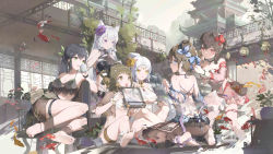 Rule 34 | 6+girls, :d, absurdres, animal ears, barefoot, black hair, blue nails, bodhi wushushenghua, breasts, brown eyes, brown hair, building, chinese clothes, cleavage, closed mouth, commentary request, cross-shaped pupils, day, green eyes, grey hair, hair between eyes, highres, holding, long hair, medium breasts, multiple girls, nail polish, open mouth, original, outdoors, pagoda, petals, ponytail, purple eyes, red eyes, reflection, scroll, see-through, sitting, smile, standing, symbol-shaped pupils, underboob, very long hair, wariza, white hair, yellow eyes
