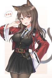 Rule 34 | 1girl, :d, absurdres, animal ear fluff, animal ears, arknights, beige background, belt, black necktie, black pantyhose, black skirt, black vest, blush, breasts, brown eyes, brown hair, cat ears, cat tail, commentary request, cowboy shot, earrings, gradient background, hair between eyes, hand on own hip, highres, jacket, jewelry, large breasts, long hair, looking at viewer, mango (mgo), miniskirt, necktie, open clothes, open jacket, open mouth, pantyhose, pleated skirt, red jacket, skirt, skirt set, skyfire (arknights), smile, solo, standing, tail, vertical-striped clothes, vertical-striped necktie, vest, wide sleeves