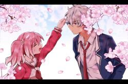 Rule 34 | 1boy, 1girl, backlighting, blue jacket, blue sky, cherry blossoms, closed eyes, closed mouth, cloud, colored tips, commentary, hands in pockets, highres, hiiragi nana, jacket, leaning forward, letterboxed, long sleeves, multicolored hair, munou na nana, neckerchief, necktie, nervous, onodera kyouya, open mouth, outdoors, petals, pink hair, purple eyes, reaching, reaching towards viewer, red neckwear, red shirt, sailor collar, serious, shirt, short hair, sky, sweatdrop, twintails, upper body, white hair, white sailor collar, white shirt, yukisa