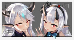 Rule 34 | breasts, camera, epic seven, heart, heart-shaped pupils, highres, horns, long hair, looking at viewer, luna (epic seven), red eyes, ribbon, serin199, symbol-shaped pupils, yufine (epic seven)