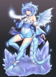 Rule 34 | 1girl, bare shoulders, blue hair, blush, breasts, cleavage, detached sleeves, dragon girl, dragon horns, dragon tail, dragon wings, full body, hair ornament, highres, horns, ice, ice wings, looking at viewer, monster girl, obi, open mouth, original, purple eyes, sasaame, sash, short hair, solo, tail, wings