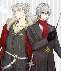 Rule 34 | 2boys, antonio salieri (fate), conductor baton, black gloves, cigarette, coat, commentary request, fate/grand order, fate (series), formal, fur-trimmed coat, fur trim, gloves, green shirt, grey eyes, highres, holding baton, itokon300, jewelry, looking at viewer, male focus, multiple boys, necklace, pectoral cleavage, pectorals, pinstripe pattern, pinstripe suit, pocket square, red coat, red eyes, red scarf, scarf, shirt, smoke, smoking, striped, striped background, suit, takeda shingen (fate), upper body, white hair