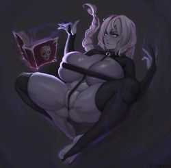 Rule 34 | 1girl, absurdres, aura, between breasts, black thighhighs, book, boyu, braid, breasts, closed mouth, clothing request, collarbone, colored skin, commission, covered collarbone, dark aura, floating, floating book, floating object, glowing, glowing eyes, grey hair, grey skin, hair between eyes, highres, large breasts, lich, lich (monster girl encyclopedia), magic, monster girl encyclopedia, o-ring, open book, original, purple eyes, runes, skindentation, skull, smile, solo, spread legs, thighhighs, toenails