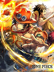 Rule 34 | 2boys, abs, arm tattoo, bead necklace, beads, black hair, clenched hand, clenched teeth, commentary request, cowboy hat, english text, fire, freckles, hat, jewelry, male focus, monkey d. luffy, multiple boys, necklace, nijihayashi, official art, one piece, open mouth, orange headwear, portgas d. ace, short hair, smile, straw hat, tattoo, teeth, topless male, translation request, unworn hat, unworn headwear