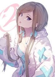 Rule 34 | 1girl, arm at side, blue bow, blue eyes, blue ribbon, bow, breasts, brown hair, cleavage, from side, hair bow, hair lift, hand in own hair, hand up, jacket, jewelry, kurusu natsume, long hair, long sleeves, looking at viewer, looking to the side, low twintails, medium breasts, multicolored hair, necklace, neo (tyottama), nijisanji, open clothes, open jacket, parted bangs, pendant, ribbon, ribbon-trimmed sleeves, ribbon trim, sidelocks, sideways glance, simple background, sleeves past wrists, solo, straight hair, streaked hair, swept bangs, tongue, tongue out, twintails, upper body, very long hair, virtual youtuber, white background, white jacket
