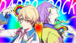 Rule 34 | 2boys, absurdres, back-to-back, blonde hair, blue shirt, blurry, blurry background, buttons, cd, chromatic aberration, collared jacket, collared shirt, colorful, dappou rock (vocaloid), double-breasted, earrings, fingernails, gloves, gold trim, hair between eyes, half gloves, hand on own chest, hand up, head tilt, highres, holding, holding cd, jacket, jewelry, kamishiro rui, looking at viewer, male focus, multicolored background, multicolored clothes, multicolored jacket, multiple boys, neck ribbon, open clothes, open jacket, orange eyes, outline, ovexxxxx, parted lips, profile, project sekai, psychedelic, purple hair, purple jacket, rainbow background, ribbon, ringed eyes, serious, shirt, song name, stud earrings, swept bangs, tenma tsukasa, tsurime, two-tone jacket, upper body, vocaloid, white gloves, white jacket, white outline, white shirt, yellow eyes, yellow jacket, yellow ribbon