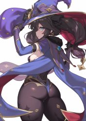 Rule 34 | 1girl, ass, back, black gloves, black hair, blue cape, blue hat, blue leotard, bodystocking, breasts, brown pantyhose, cape, detached sleeves, earrings, elbow gloves, fur collar, fuya (tempupupu), genshin impact, gloves, gold trim, green eyes, hat, hat ornament, highleg, highleg leotard, jewelry, leotard, long hair, looking at viewer, looking back, medium breasts, mona (genshin impact), pantyhose, star (symbol), star earrings, thighlet, thighs, twintails, witch hat