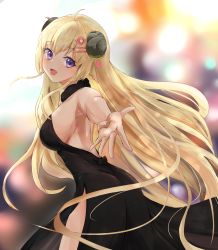 Rule 34 | 1girl, :d, ahoge, animal ears, bare shoulders, black dress, blonde hair, blush, breasts, dress, elphe, fur collar, hair ornament, hairclip, highres, hololive, horns, long hair, looking at viewer, open mouth, reaching, reaching towards viewer, sheep girl, sheep horns, smile, strapless, strapless dress, tsunomaki watame, virtual youtuber