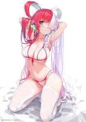 Rule 34 | 1girl, absurdres, arms behind head, arms up, artist name, bikini, breasts, cleavage, front-tie bikini top, front-tie top, full body, hair over one eye, hair rings, highres, hong (white spider), kneeling, large breasts, long hair, looking at viewer, multicolored hair, navel, no shoes, one piece, one piece film: red, parted lips, purple eyes, red hair, simple background, solo, split-color hair, stomach, string bikini, swimsuit, thighhighs, two-tone hair, uta (one piece), very long hair, wet, white background, white bikini, white hair, white thighhighs