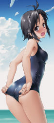 Rule 34 | 1girl, adjusting clothes, adjusting swimsuit, antenna hair, ass, black eyes, black hair, blurry, blush, breasts, cloud, cowboy shot, day, depth of field, embarrassed, female focus, from behind, gradient background, henshako, horizon, idolmaster, idolmaster (classic), kikuchi makoto, looking at viewer, looking back, medium breasts, ocean, one-piece swimsuit, open mouth, outdoors, school swimsuit, short hair, sky, solo, standing, sweatdrop, swimsuit, swimsuit tug, thighs, water, wet