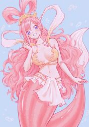 Rule 34 | 1girl, absurdres, bikini, blue eyes, breasts, bubble, cleavage, commentary request, dcdc 28h, fish hair ornament, hagoromo, hair ornament, half updo, highres, long hair, looking at viewer, mermaid, monster girl, one piece, pink hair, shawl, shirahoshi, sidelocks, solo, swept bangs, swimsuit, underwater, yellow bikini