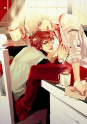 Rule 34 | 2boys, blonde hair, brown hair, chair, coffee cup, cug, cup, disposable cup, draco malfoy, glasses, harry potter, harry potter (series), indoors, kitchen, male focus, multiple boys, necktie, paper, sitting, steam, wizarding world, yaoi