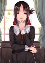Rule 34 | 1girl, absurdres, backlighting, black dress, blurry, blurry background, brown hair, commentary request, curtains, depth of field, dress, folded ponytail, forehead, hair ribbon, hand up, highres, indoors, kaguya-sama wa kokurasetai ~tensai-tachi no renai zunousen~, long sleeves, looking at viewer, neck ribbon, norazura, okawaii koto, parted bangs, parted lips, red eyes, red ribbon, ribbon, school uniform, shinomiya kaguya, shuuchiin academy school uniform, sidelocks, solo, window