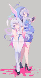 Rule 34 | 2girls, absurdres, animal ears, black footwear, blue archive, blue halo, blue hoodie, blue leotard, blush, breasts, cellphone, closed mouth, dual persona, fake animal ears, fishnet thighhighs, fishnets, grey background, grey hair, hair between eyes, hair ornament, halo, heart, high heels, highres, holding, holding phone, hood, hood up, hoodie, leotard, long hair, long sleeves, looking at viewer, miyako (blue archive), multiple girls, one eye closed, pantyhose, phone, purple eyes, rabbit ears, simple background, small breasts, smartphone, smile, strapless, strapless leotard, teoskyrios, thighhighs, white pantyhose, x hair ornament